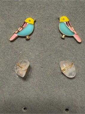 Cute Yellow & Turquoise Bird Earring/Wire wrapped Rose Quartz studs (2 pairs)